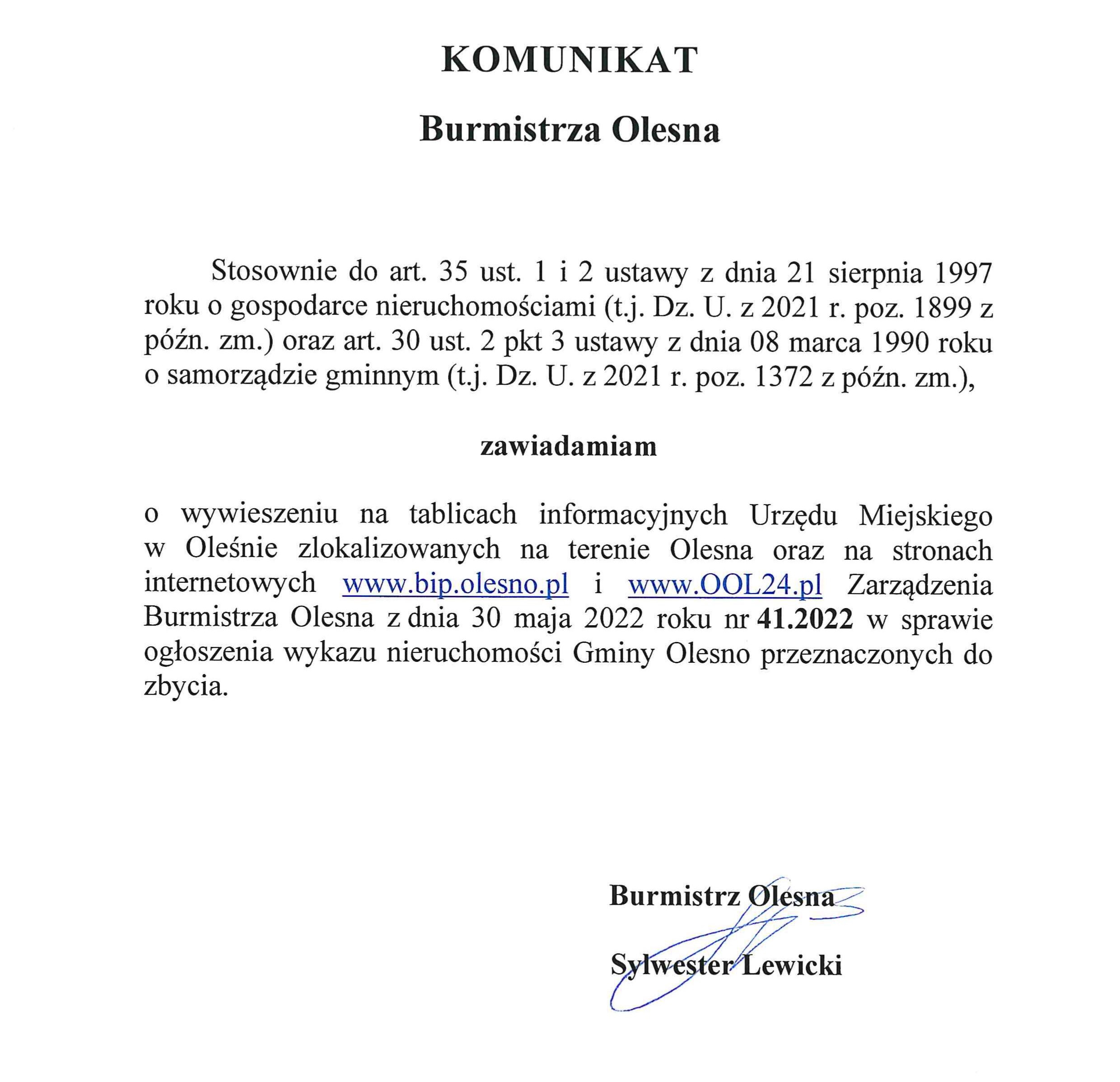 komunikat-burmistrza-olesna-publikacja-zarzadzenia-41-2022-z-30-05-2022-roku