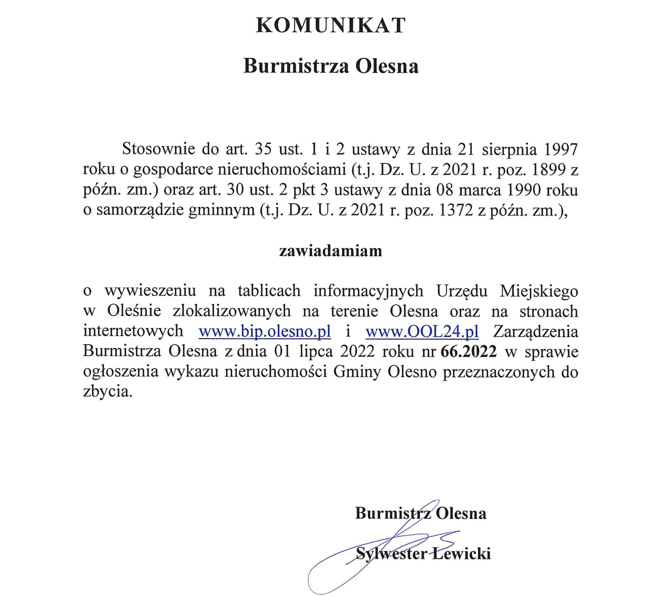 komunikat-burmistrza-olesna-zarzadzenie-nr-66-2022-z-01-07-2022-publikacja
