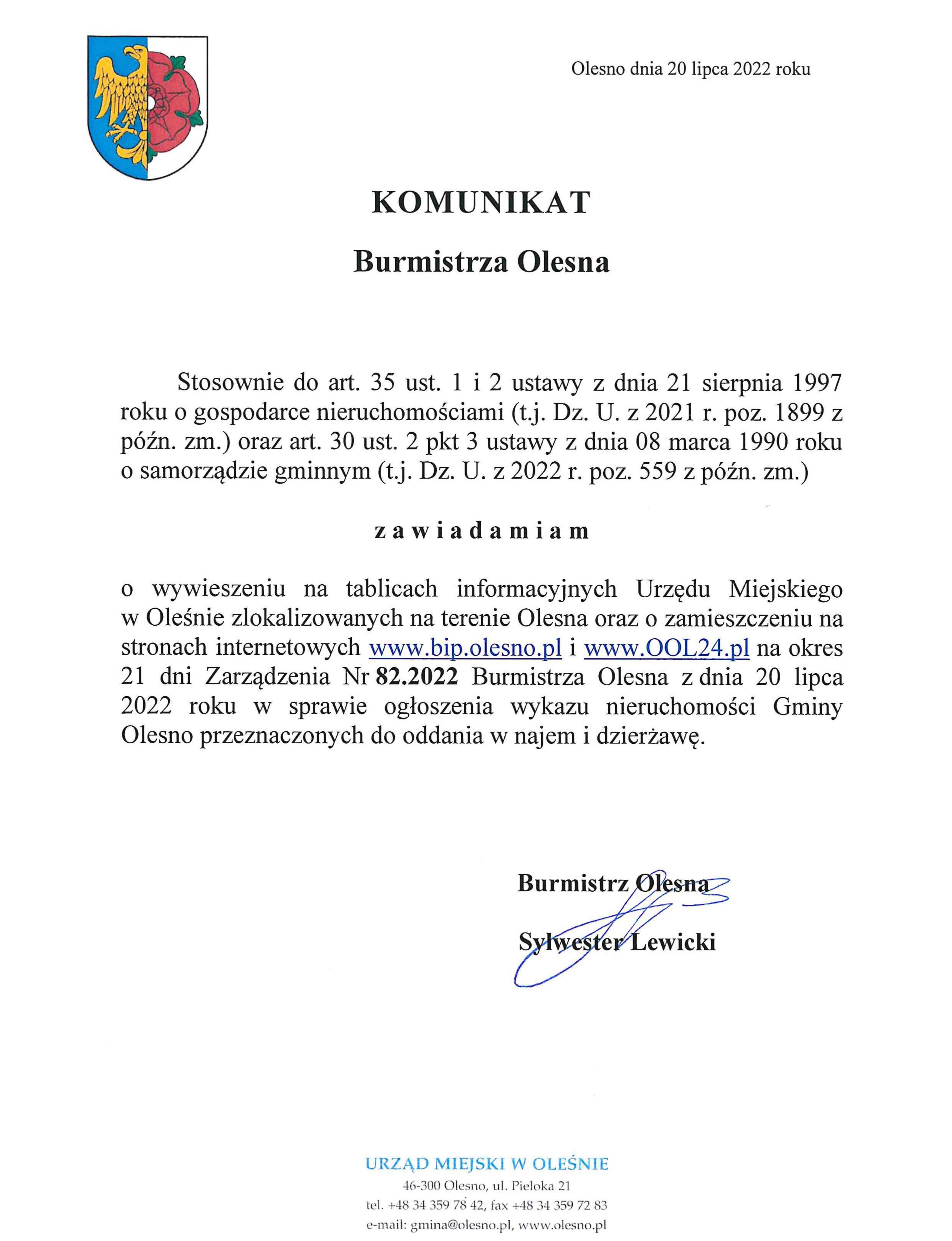 komunikat-burmistrza-olesna-upublicznienie-zarzadzenia-nr-82-2022