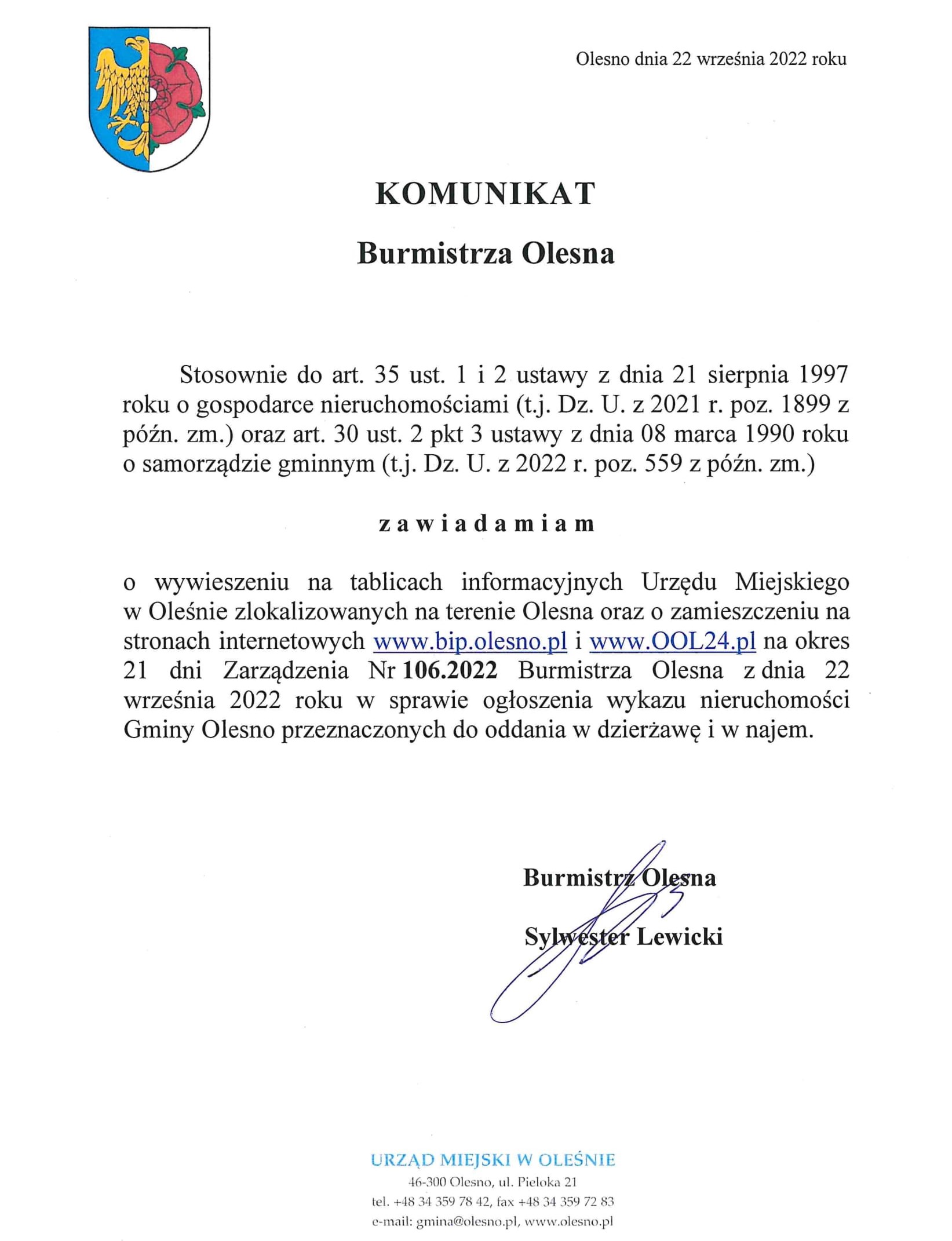 komunikat-burmistrza-olesna-zarzadzenie-nr-106-2022-do-publikacji-1