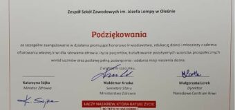 Zespół Szkół Zawodowych w Oleśnie doceniony za promocję honorowego krwiodawstwa